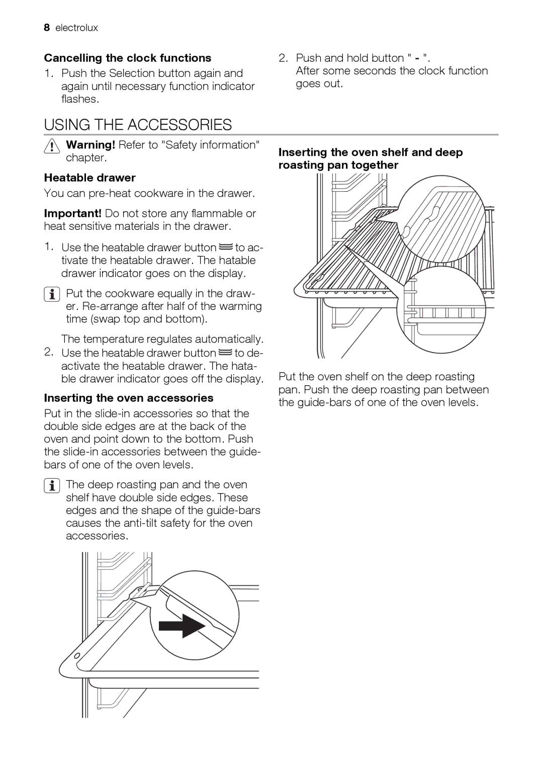 Electrolux EH GL5X-4 user manual Using the Accessories, Cancelling the clock functions, Inserting the oven accessories 