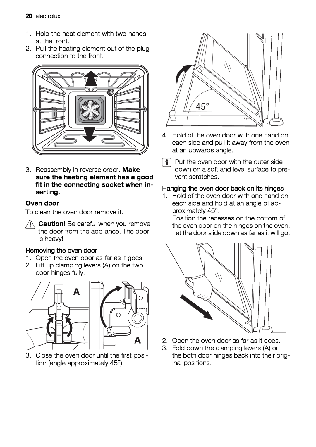 Electrolux EH GL5X-4 user manual Oven door, Removing the oven door, Hanging the oven door back on its hinges 
