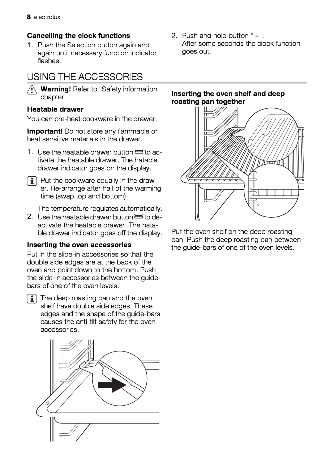 Electrolux EH GL5X-4 user manual Using The Accessories, Cancelling the clock functions, Inserting the oven accessories 