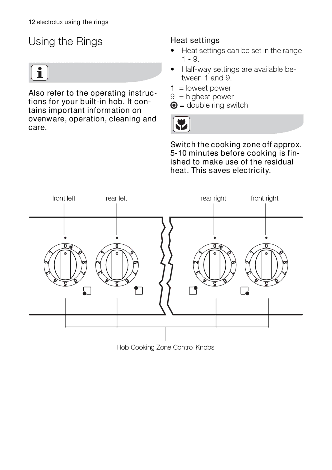 Electrolux EH L4-4 user manual Using the Rings, Heat settings 