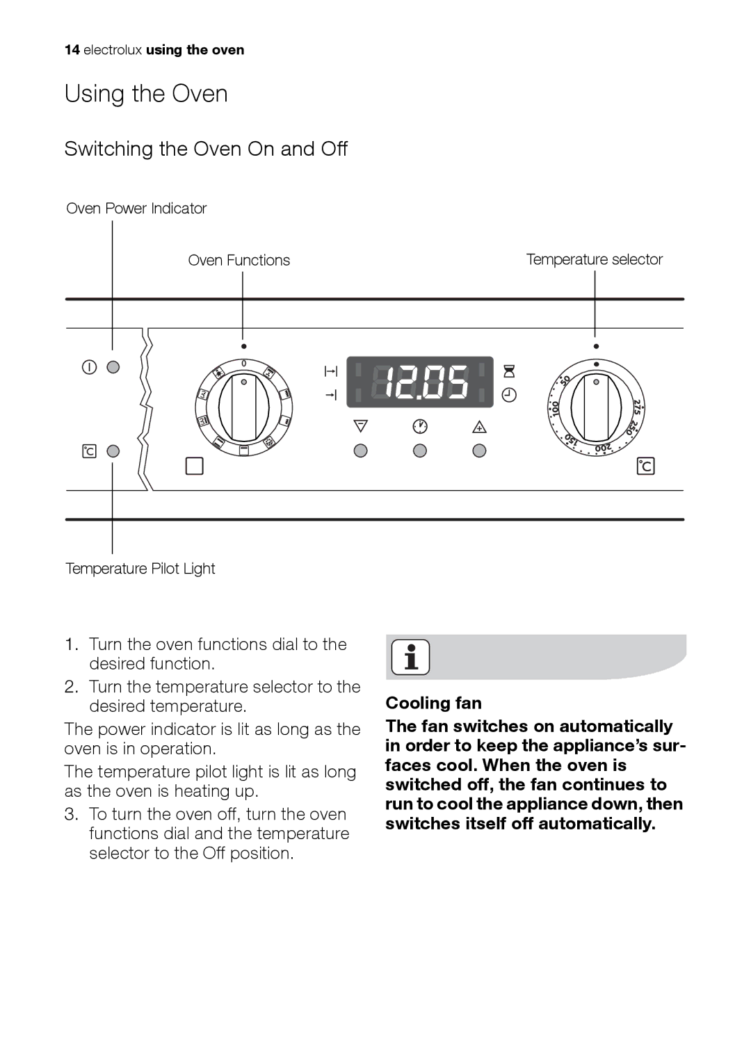 Electrolux EH L4-4 user manual Using the Oven, Switching the Oven On and Off, Cooling fan 