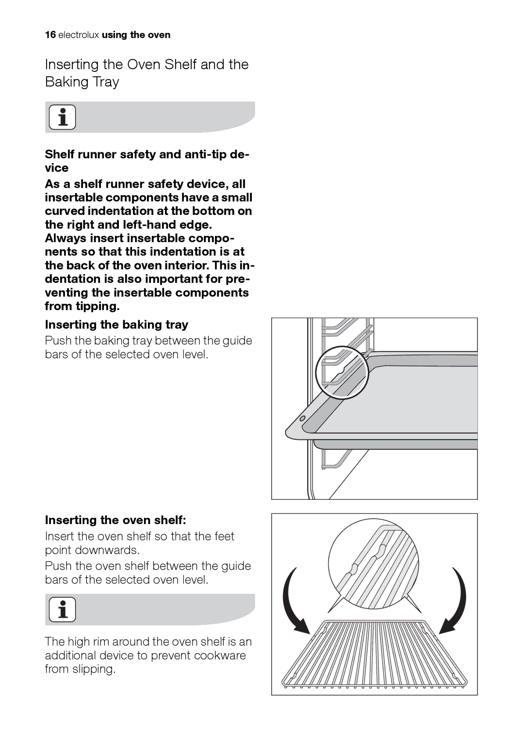 Electrolux EH L4-4 user manual Inserting the Oven Shelf and the Baking Tray, Shelf runner safety and anti-tip de- vice 