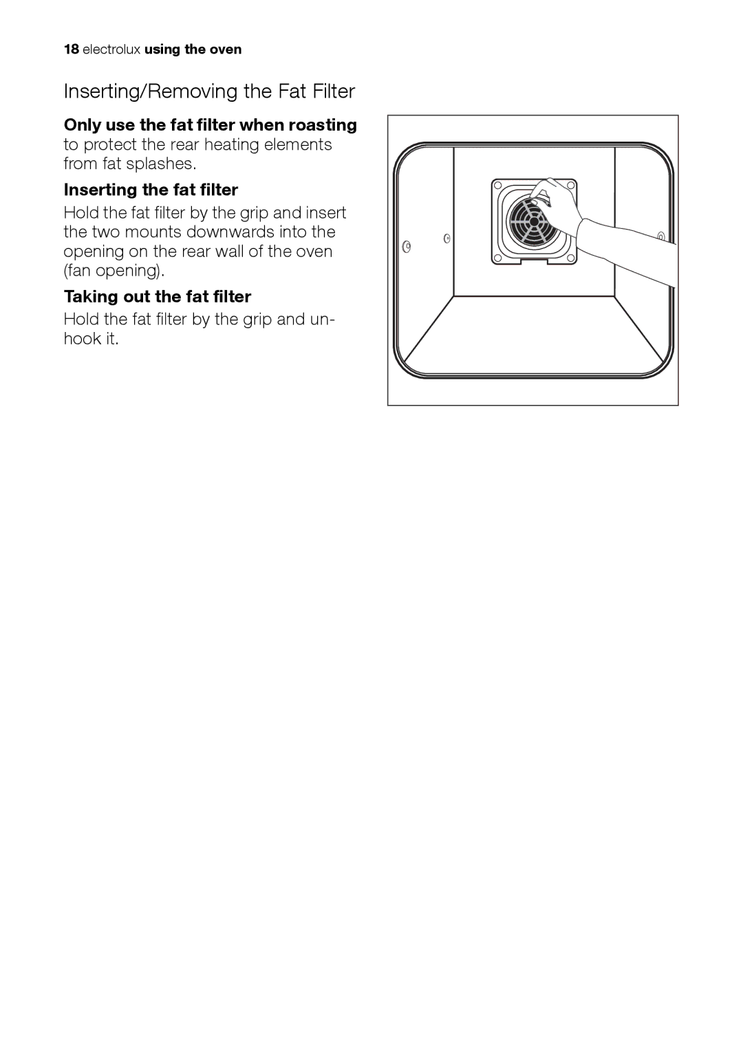 Electrolux EH L4-4 user manual Inserting/Removing the Fat Filter, Taking out the fat filter 