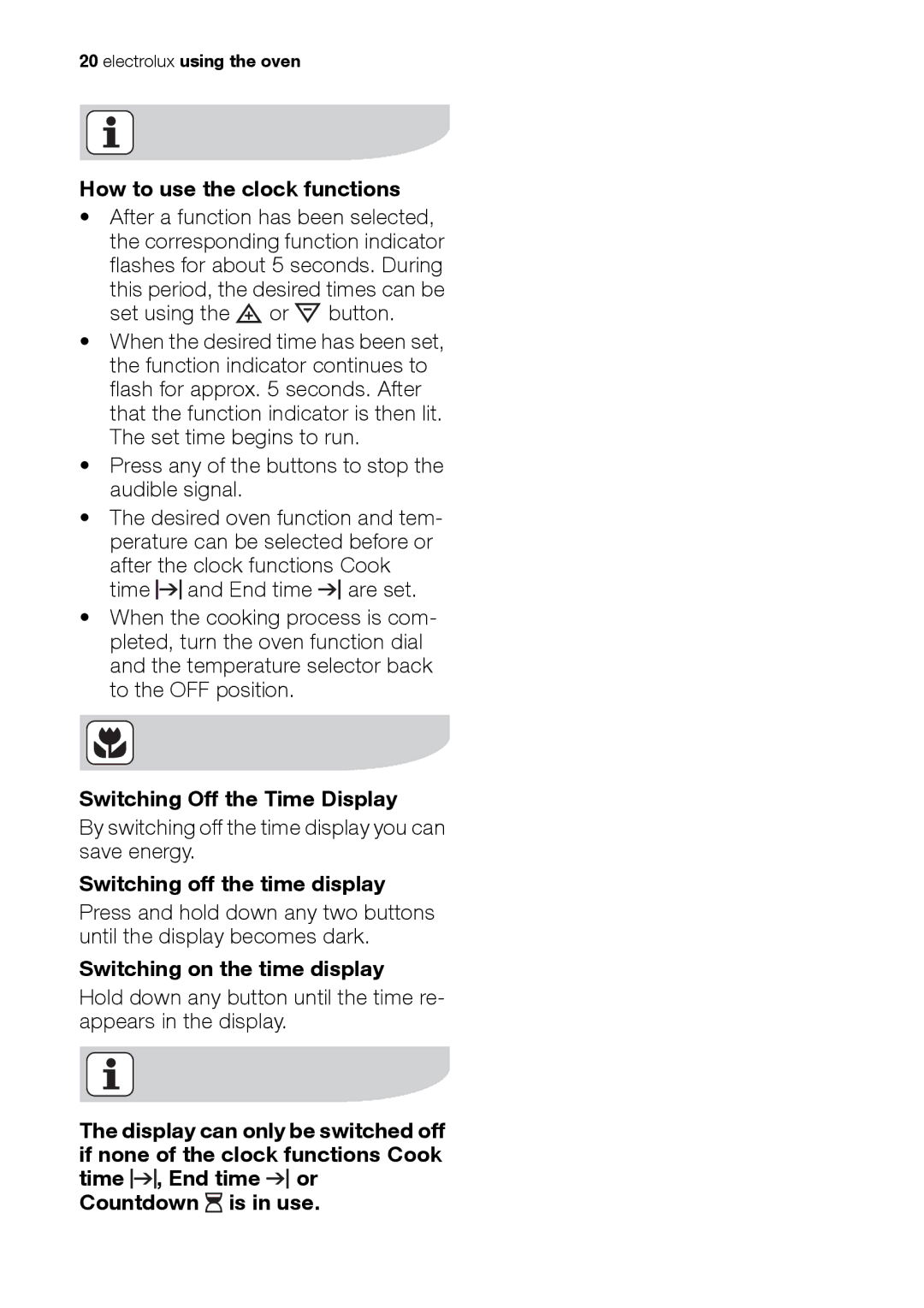 Electrolux EH L4-4 How to use the clock functions, Switching Off the Time Display, Switching on the time display 