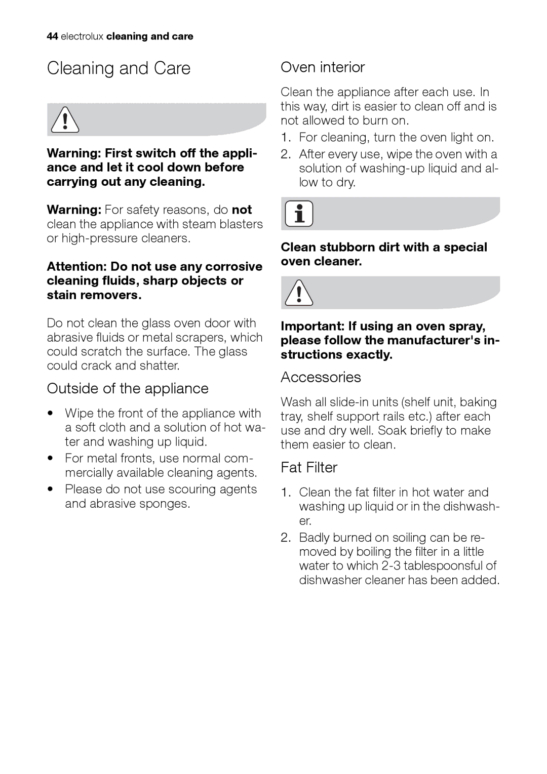 Electrolux EH L4-4 user manual Cleaning and Care, Oven interior, Outside of the appliance, Accessories, Fat Filter 