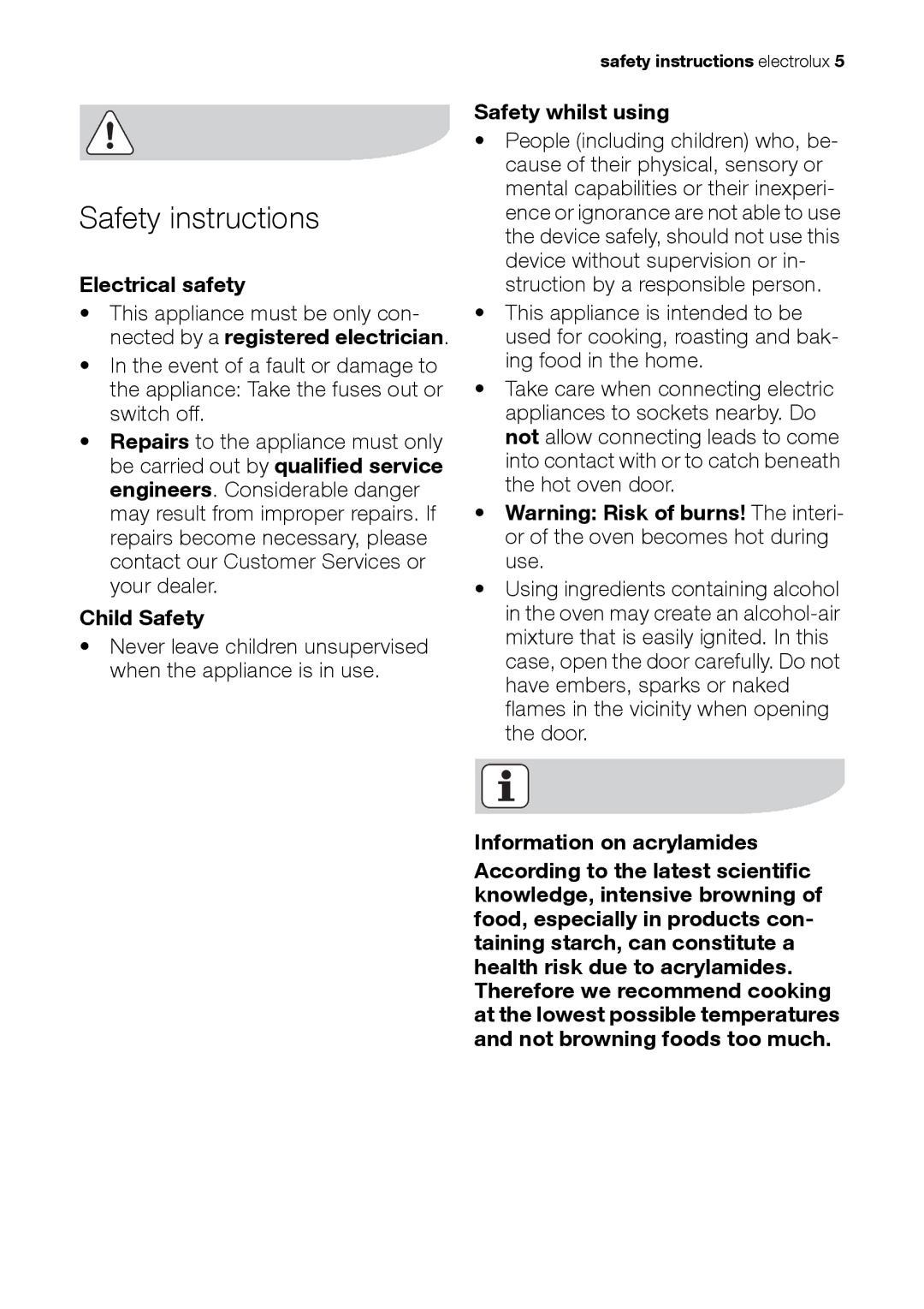 Electrolux EH L4-4 user manual Safety instructions, Electrical safety, Child Safety, Safety whilst using 