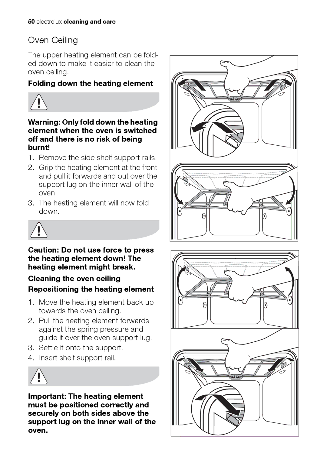 Electrolux EH L4-4 user manual Oven Ceiling, Folding down the heating element 