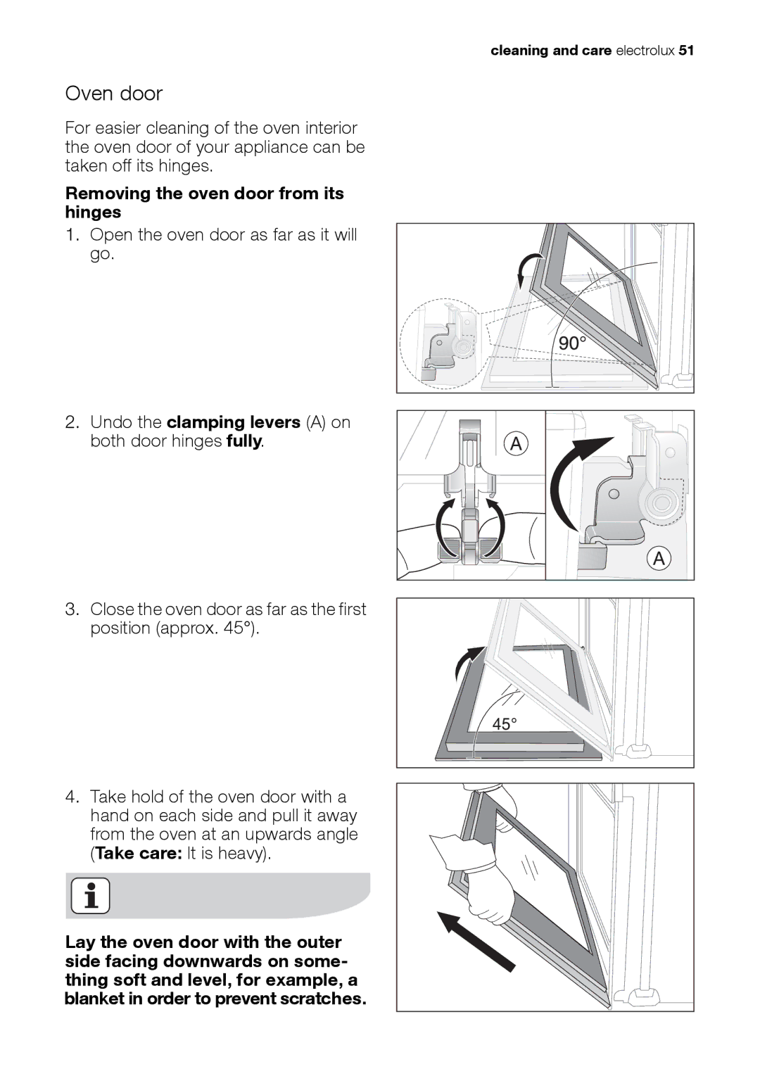 Electrolux EH L4-4 Oven door, Removing the oven door from its hinges, Undo the clamping levers a on both door hinges fully 