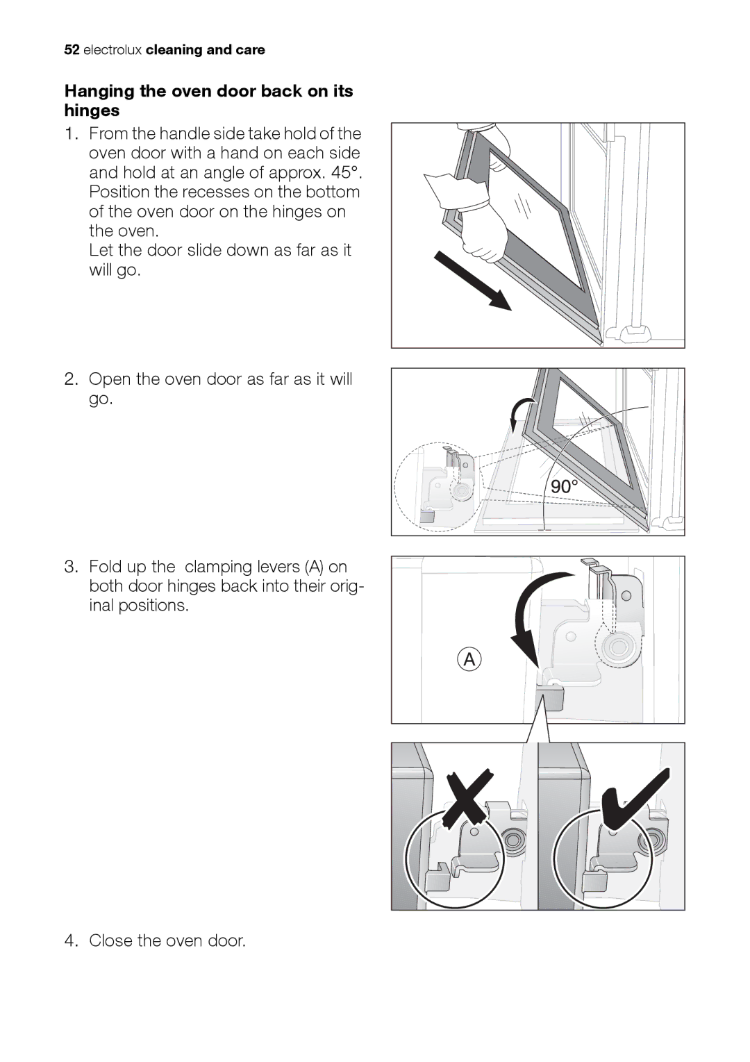 Electrolux EH L4-4 user manual Hanging the oven door back on its hinges 