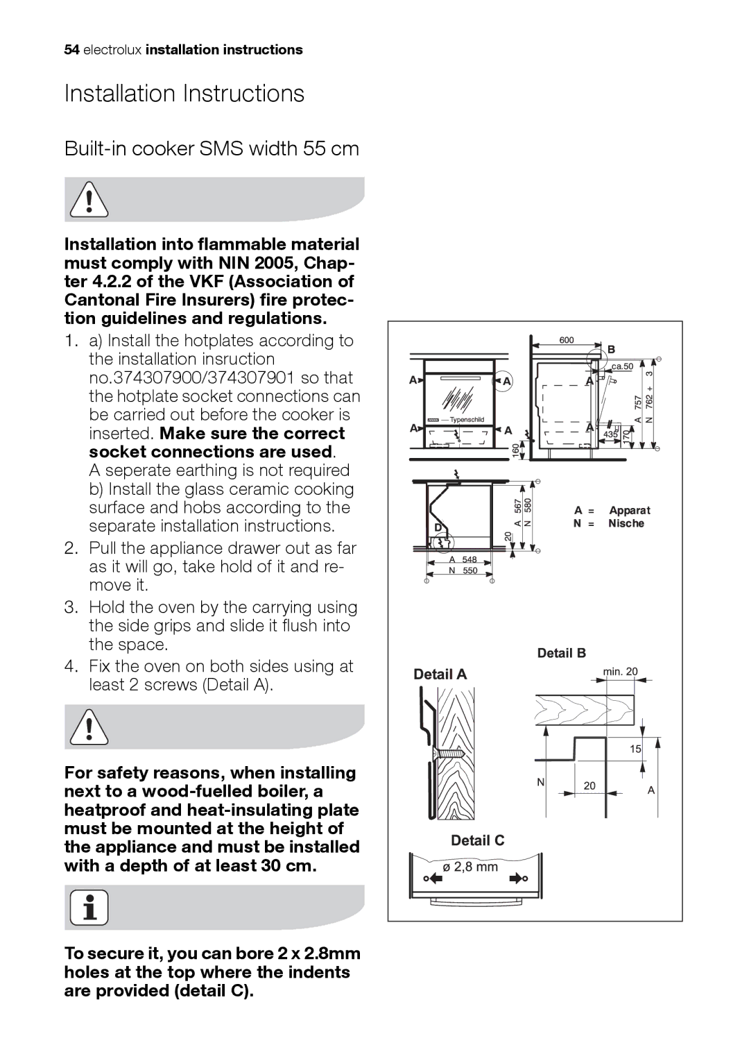 Electrolux EH L4-4 user manual Installation Instructions, Built-in cooker SMS width 55 cm 