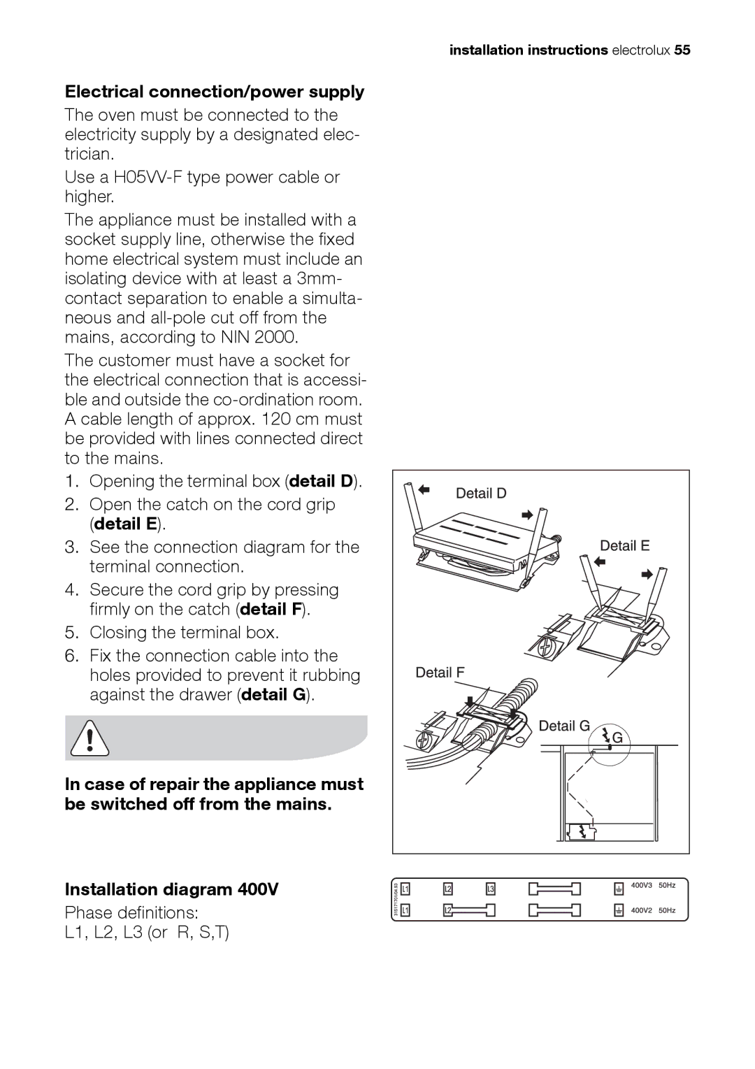 Electrolux EH L4-4 user manual Electrical connection/power supply, Detail E, Installation diagram 