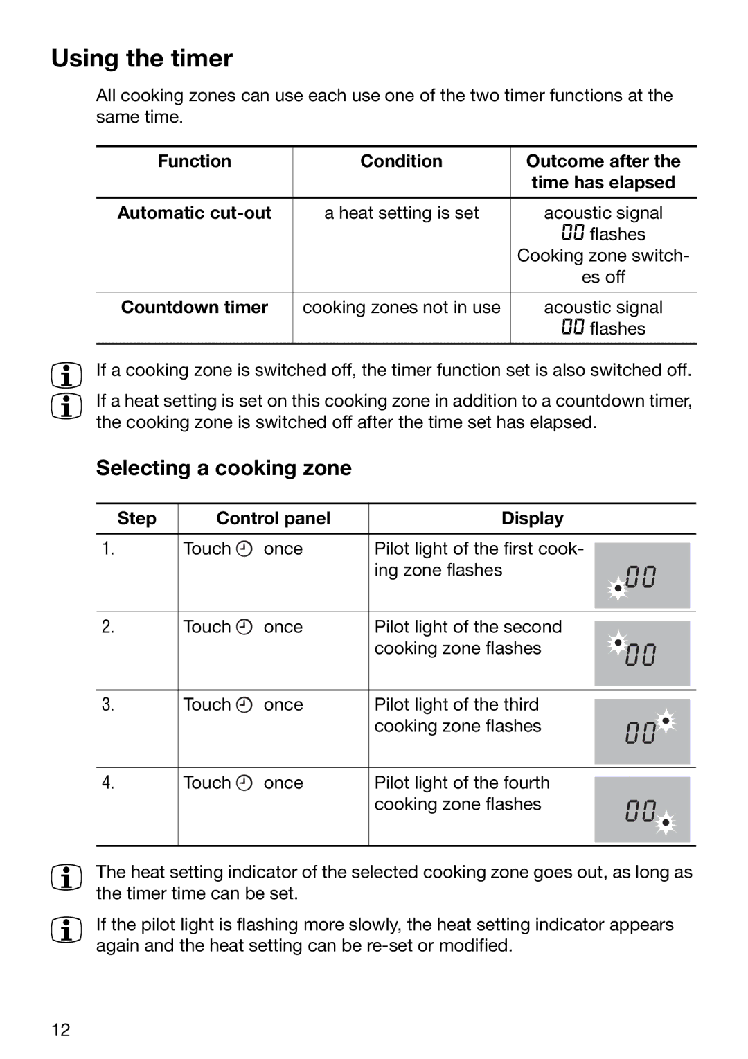 Electrolux EHD 6005 P manual Using the timer, Selecting a cooking zone, Countdown timer, Step Control panel Display 