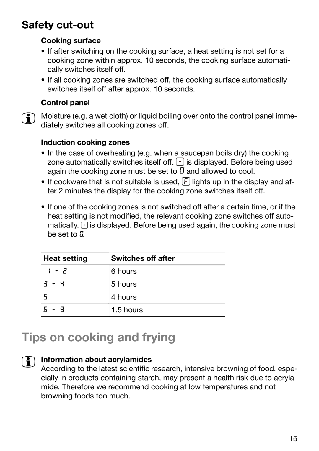 Electrolux EHD 6005 P manual Tips on cooking and frying, Safety cut-out 