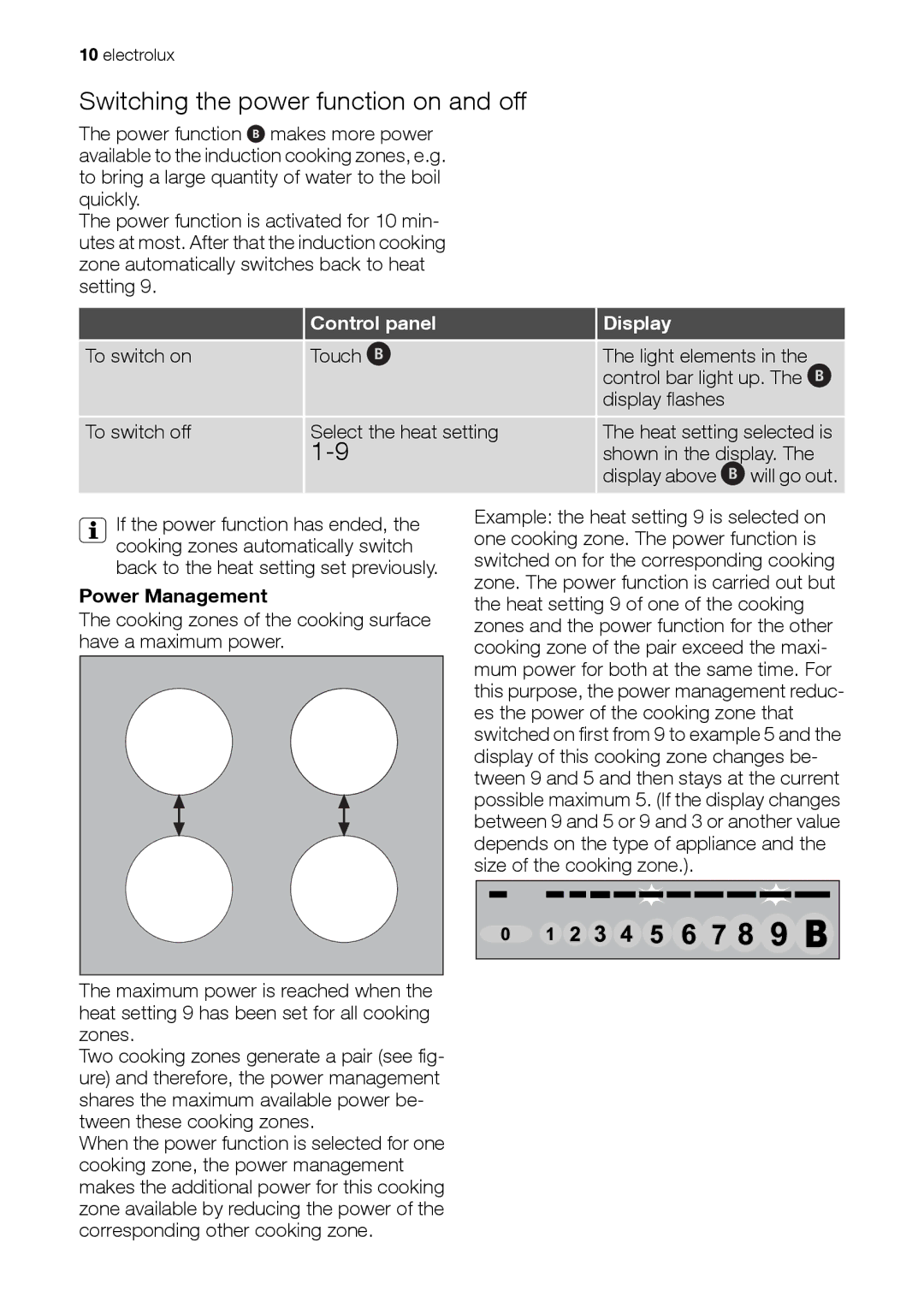 Electrolux EHD 60150 IAU Switching the power function on and off, Power Management, Heat setting selected is, Will go out 