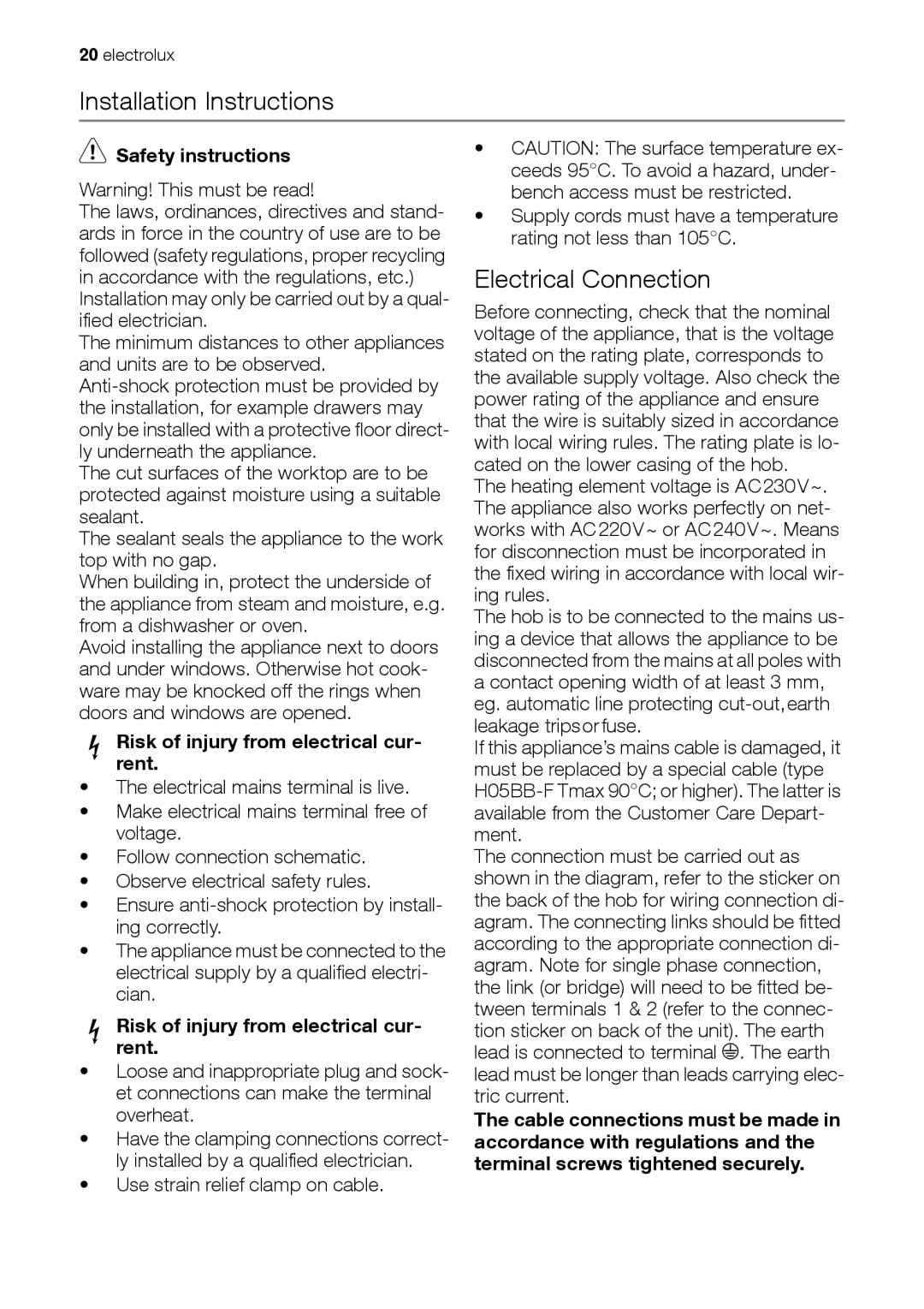 Electrolux EHD 60150 IAU user manual Installation Instructions, Electrical Connection 