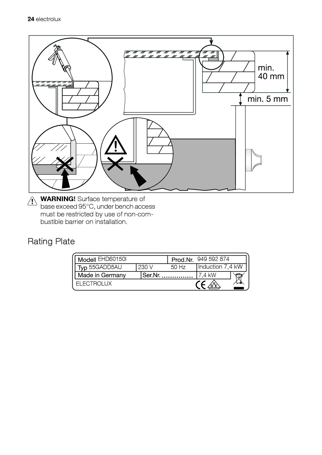 Electrolux EHD 60150 IAU user manual Rating Plate, EHD60150I 949 592, 230 50 Hz 