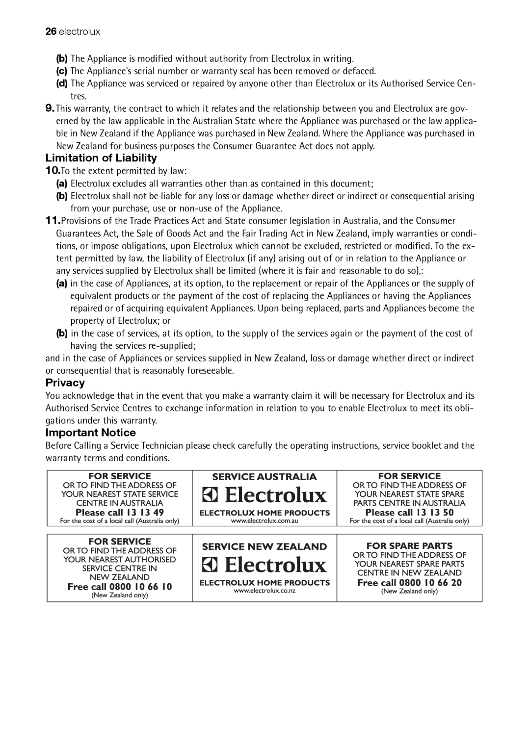 Electrolux EHD 60150 IAU user manual Limitation of Liability, Privacy, Important Notice, Tres 