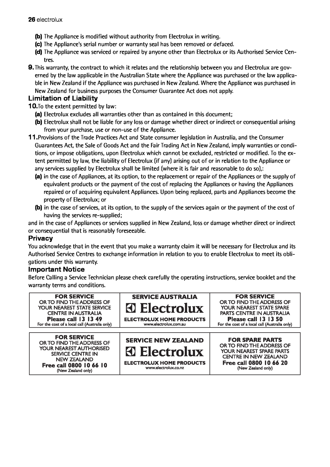 Electrolux EHD 60150 IAU user manual Limitation of Liability, Privacy, Important Notice 