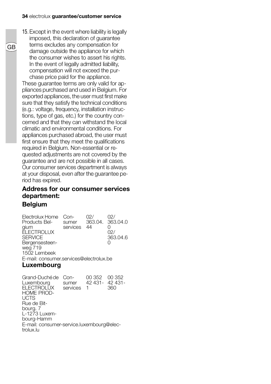 Electrolux EHD68200P user manual Address for our consumer services department Belgium 