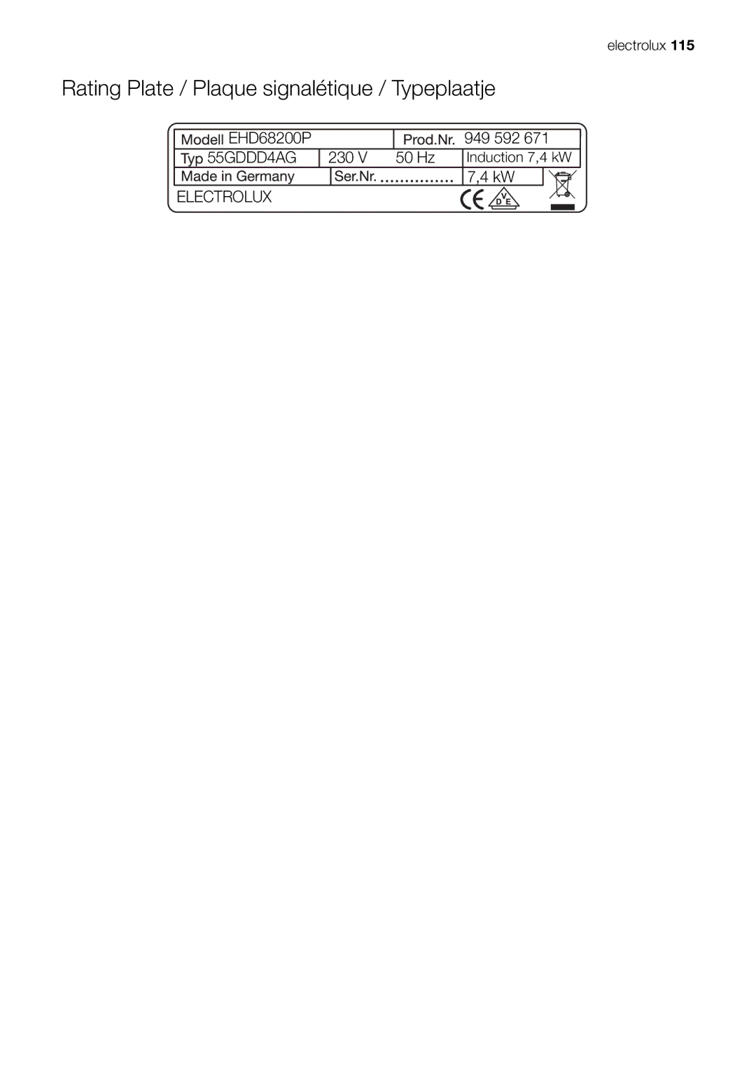 Electrolux EHD68200P user manual Rating Plate / Plaque signalétique / Typeplaatje 