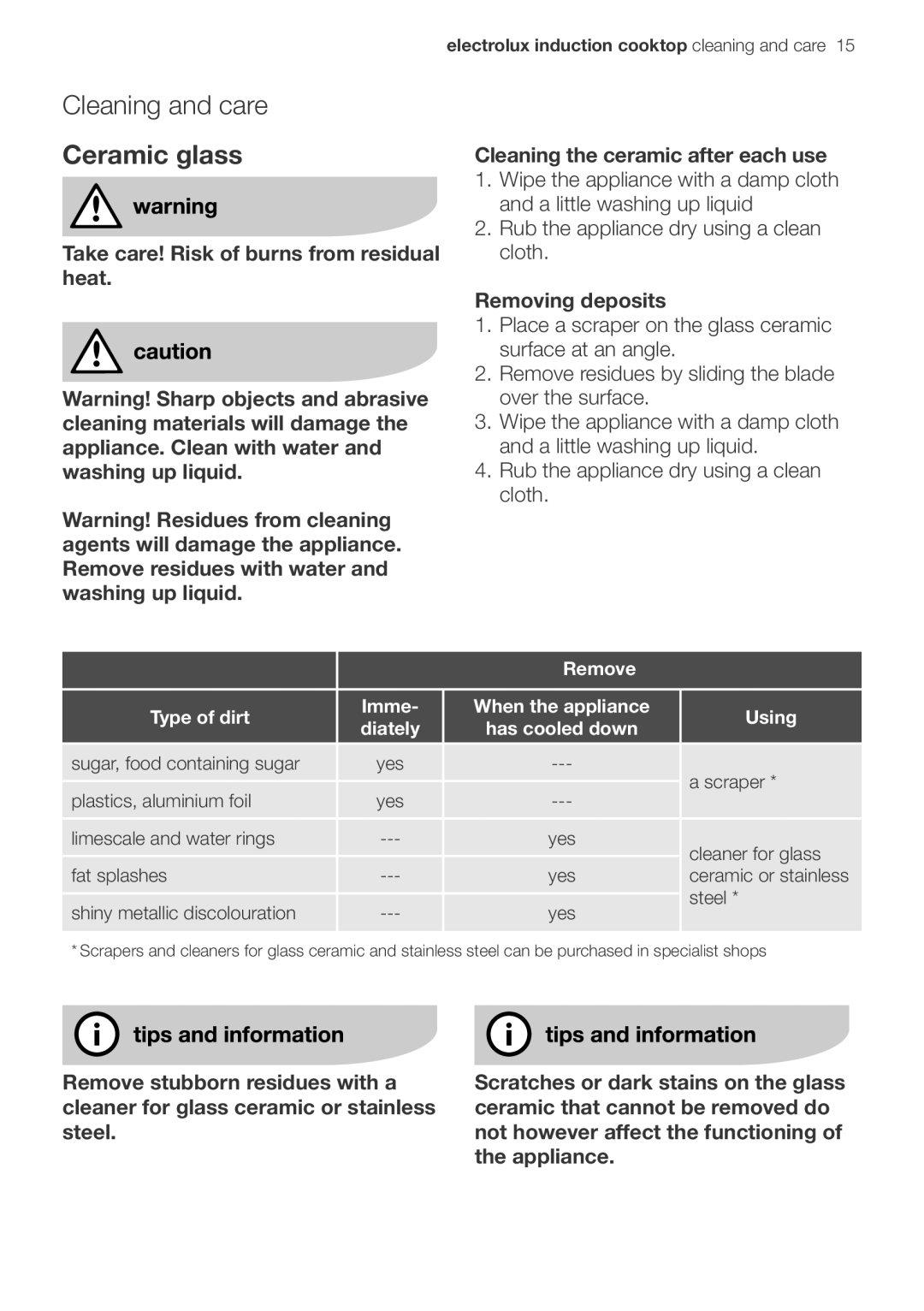 Electrolux EHD90LLUM important safety instructions Cleaning and care, Removing deposits 