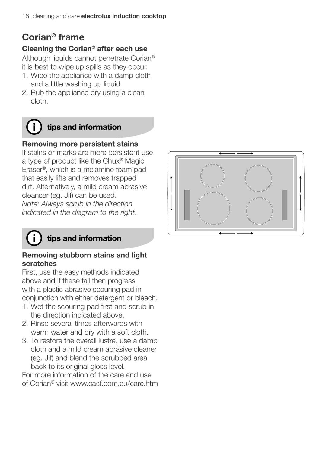 Electrolux EHD90LLUM important safety instructions Cleaning the Corian after each use, Removing more persistent stains 