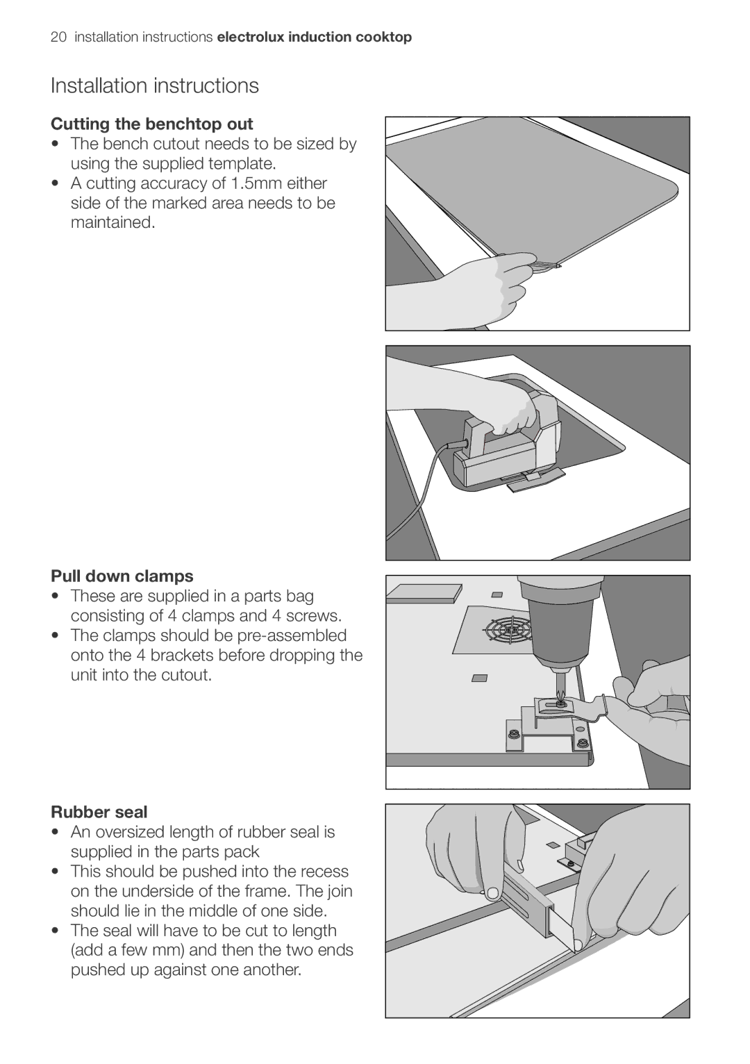 Electrolux EHD90LLUM Installation instructions, Cutting the benchtop out, Pull down clamps, Rubber seal 