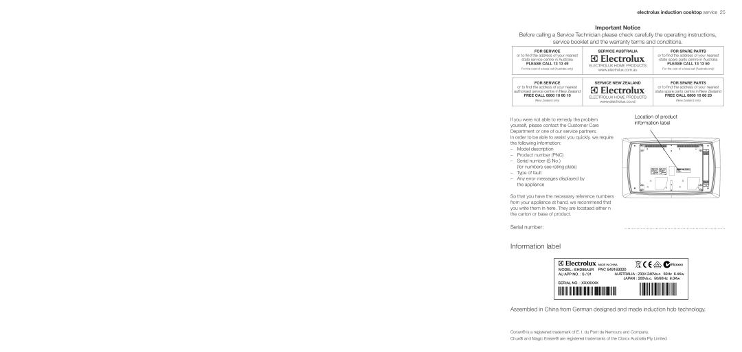 Electrolux EHD90LLUM important safety instructions Information label, Important Notice 