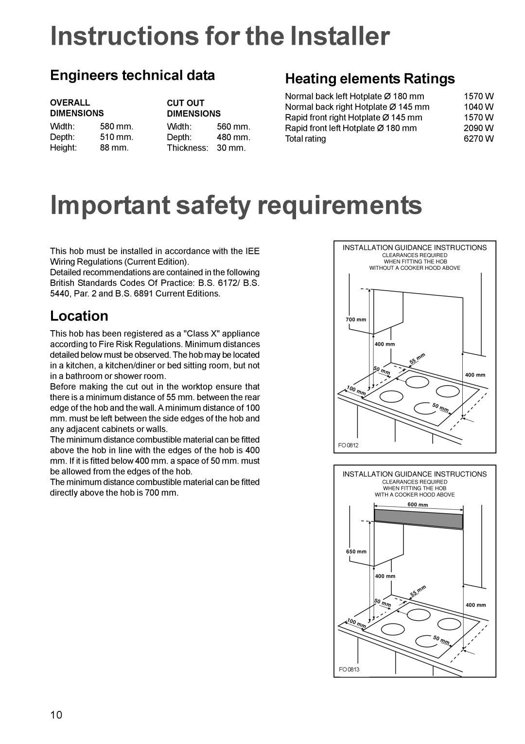 Electrolux EHE 688W Instructions for the Installer, Important safety requirements, Engineers technical data, Location 