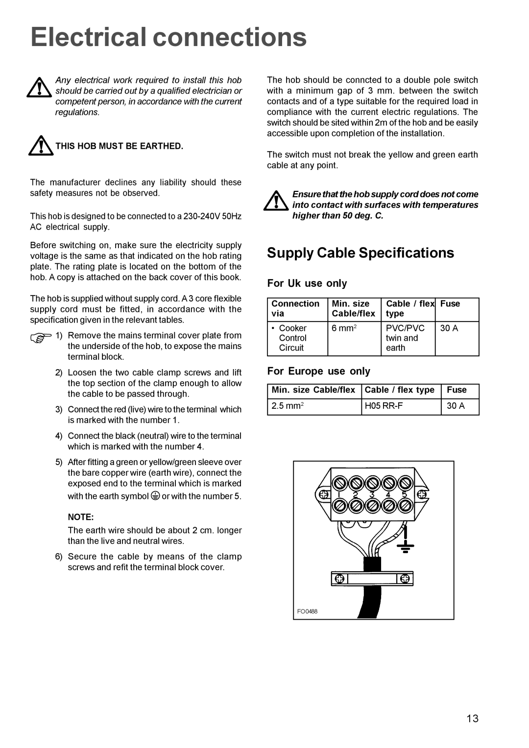 Electrolux EHE 688 B, EHE 688W manual Electrical connections, Supply Cable Specifications, This HOB Must be Earthed, Pvc/Pvc 