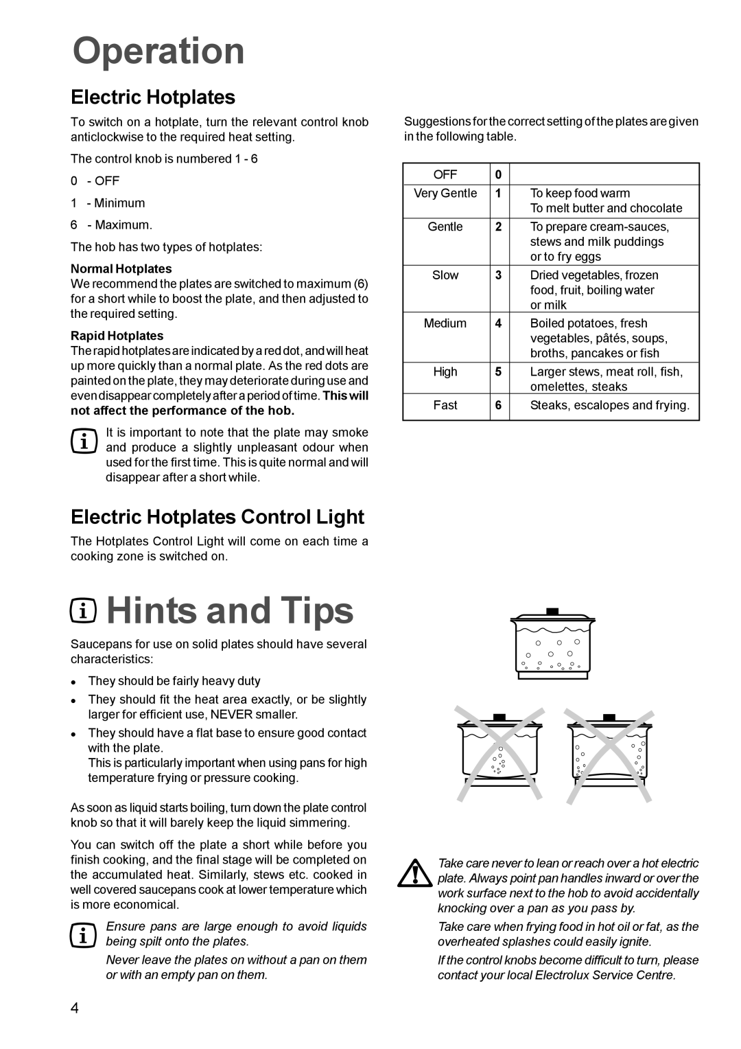 Electrolux EHE 688W, EHE 688 B manual Operation, Hints and Tips, Electric Hotplates Control Light, Off 