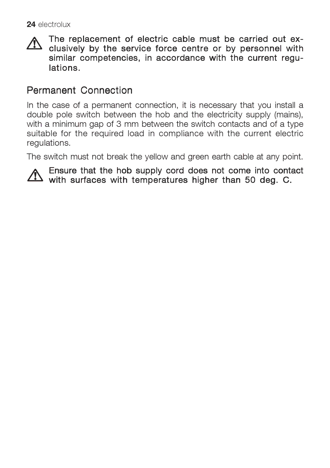 Electrolux EHG 6402, EHG 6412, EHG 6832 manual Permanent Connection 