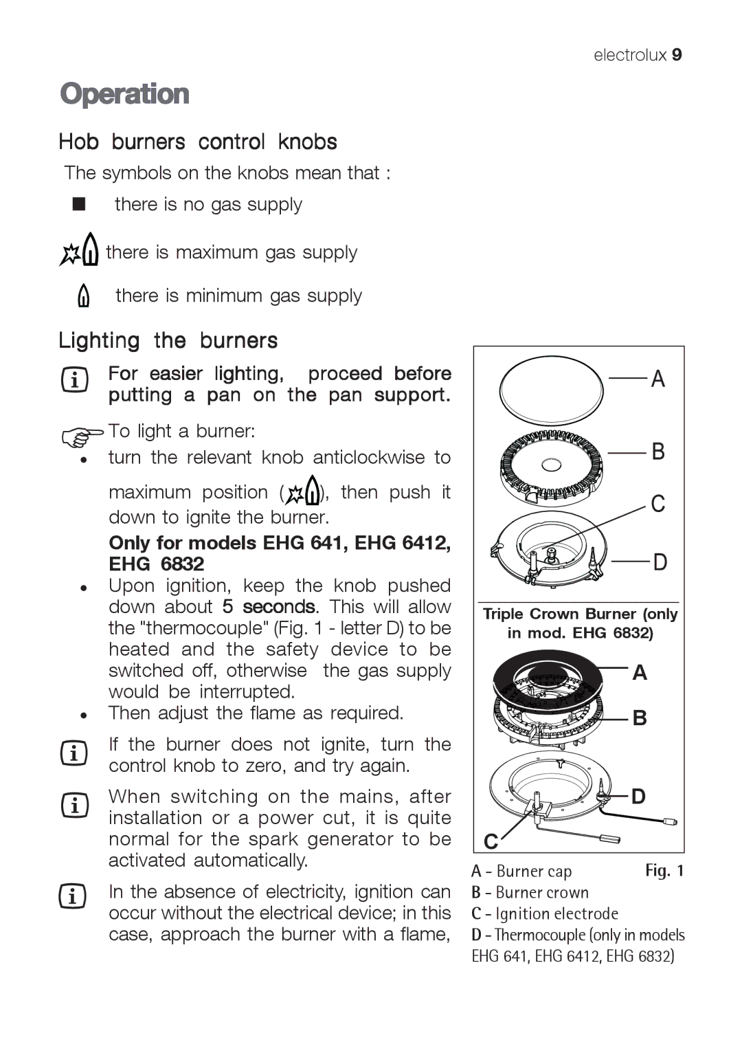 Electrolux EHG 6402 Operation, Hob burners control knobs, Lighting the burners, Only for models EHG 641, EHG 6412, EHG 