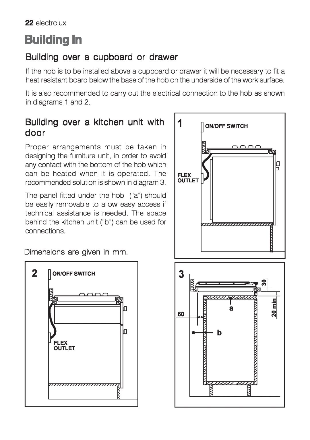 Electrolux EHG 6832, EHG 6402 manual Building In, Building over a cupboard or drawer, Building over a kitchen unit with door 