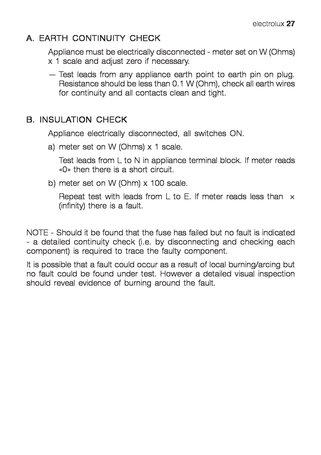 Electrolux EHG 6402, EHG 6412, EHG 6832 manual A. Earth Continuity Check, B. Insulation Check 
