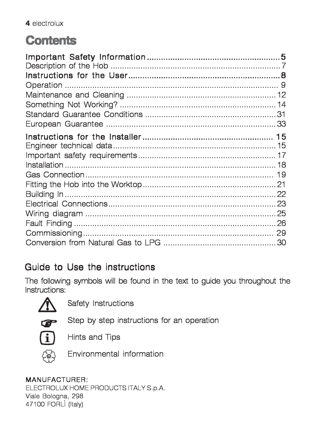 Electrolux EHG 6402, EHG 6412, EHG 6832 manual Contents, Guide to Use the instructions 