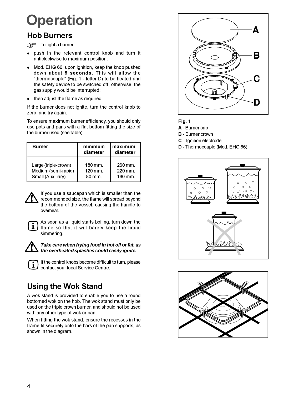 Electrolux EHG 65, EHG 66 manual Operation, Hob Burners, Using the Wok Stand 