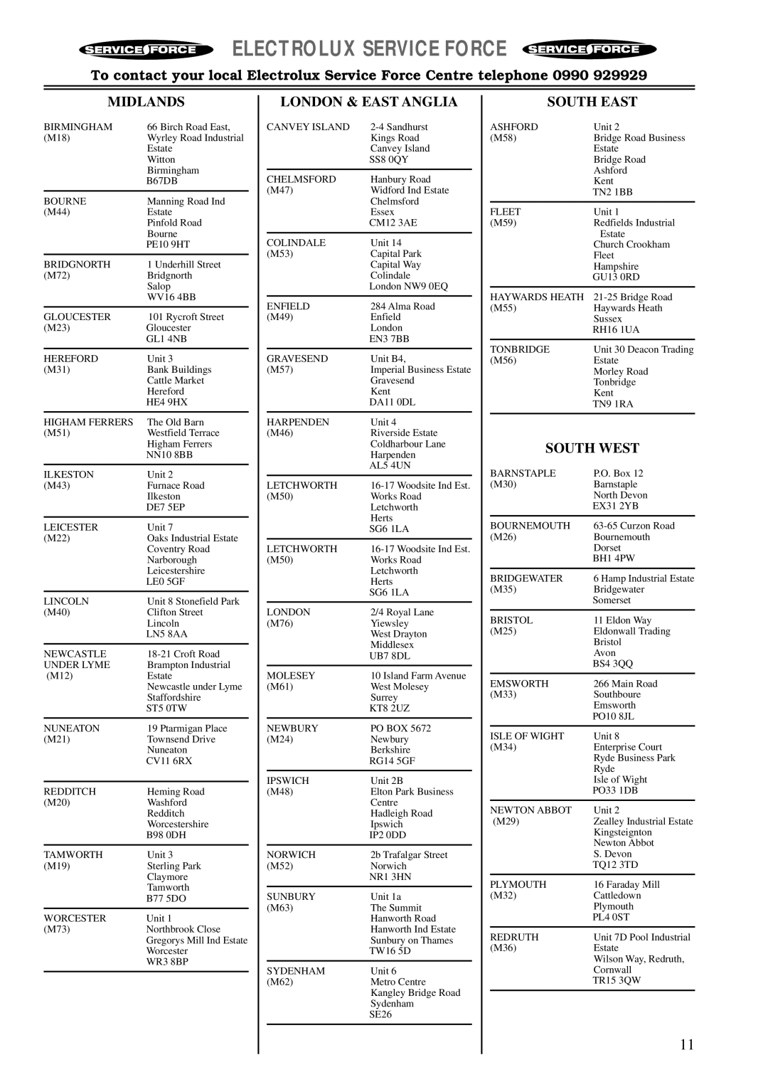 Electrolux EHG675, EHG 672, EHG674 manual Midlands, London & East Anglia, South East, South West 