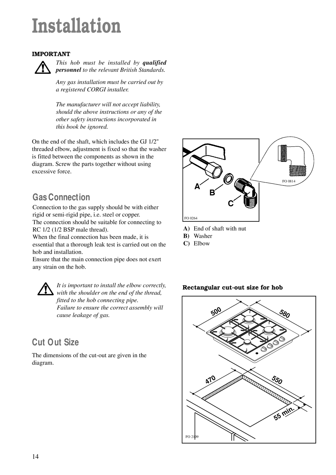 Electrolux EHG675, EHG 672, EHG674 manual Installation, Gas Connection, Cut Out Size, Rectangular cut-out size for hob 