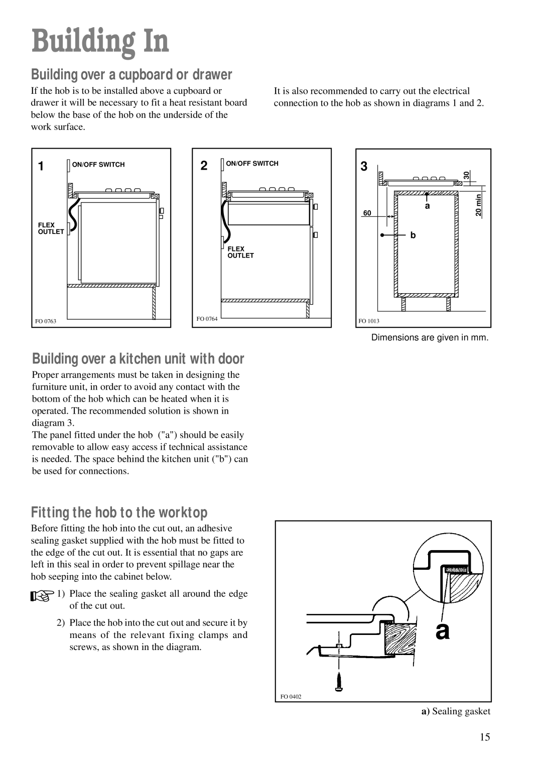 Electrolux EHG674, EHG 672, EHG675 manual Building over a kitchen unit with door, Fitting the hob to the worktop 