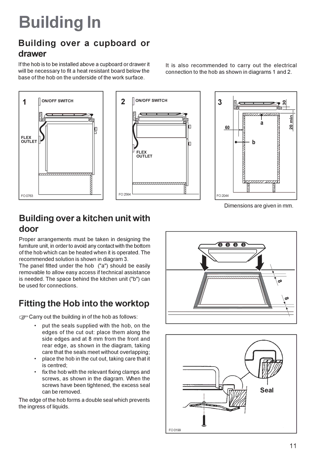 Electrolux EHG 6762 manual Building over a cupboard or drawer, Building over a kitchen unit with door 