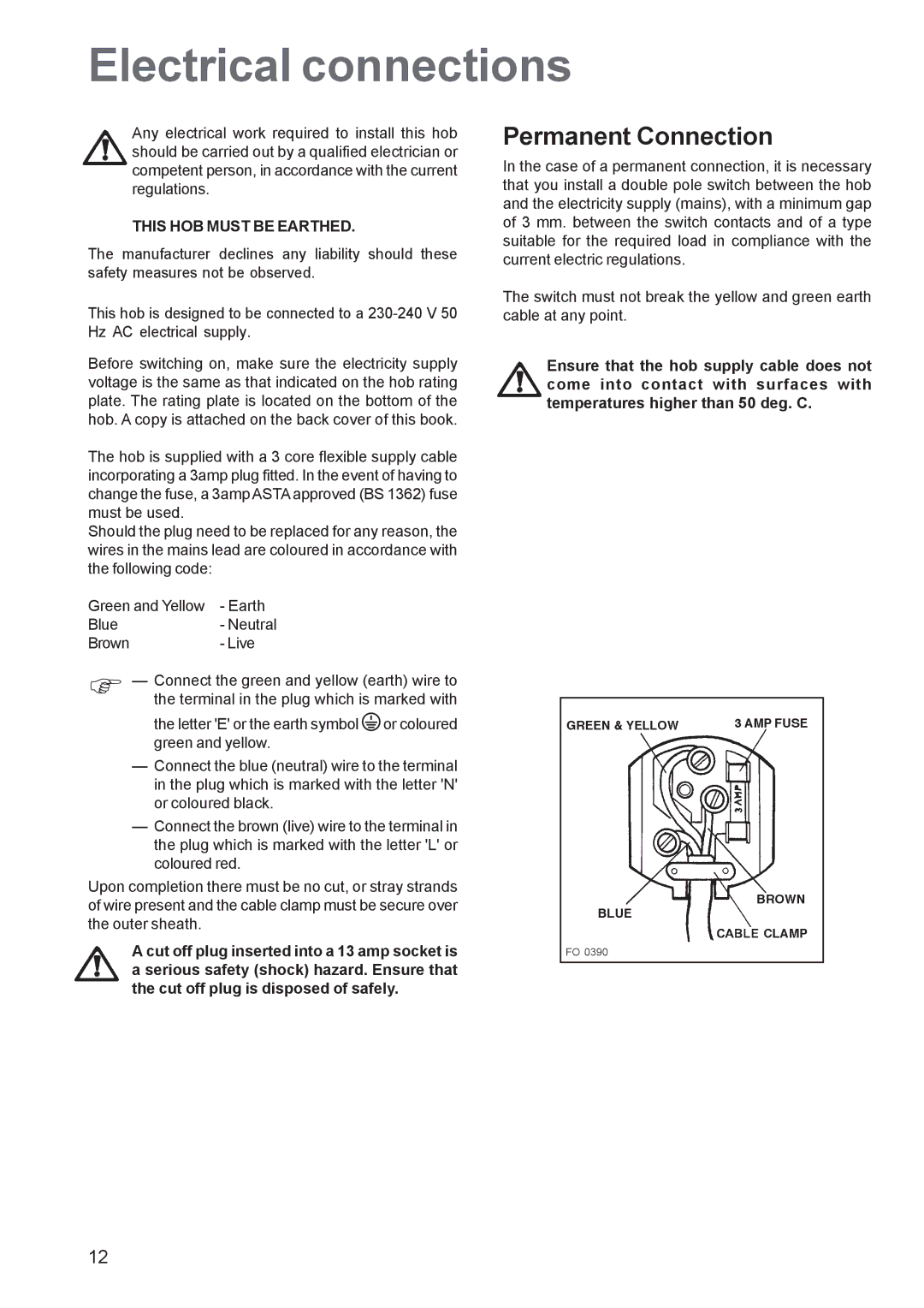 Electrolux EHG 6762 manual Electrical connections, Permanent Connection 