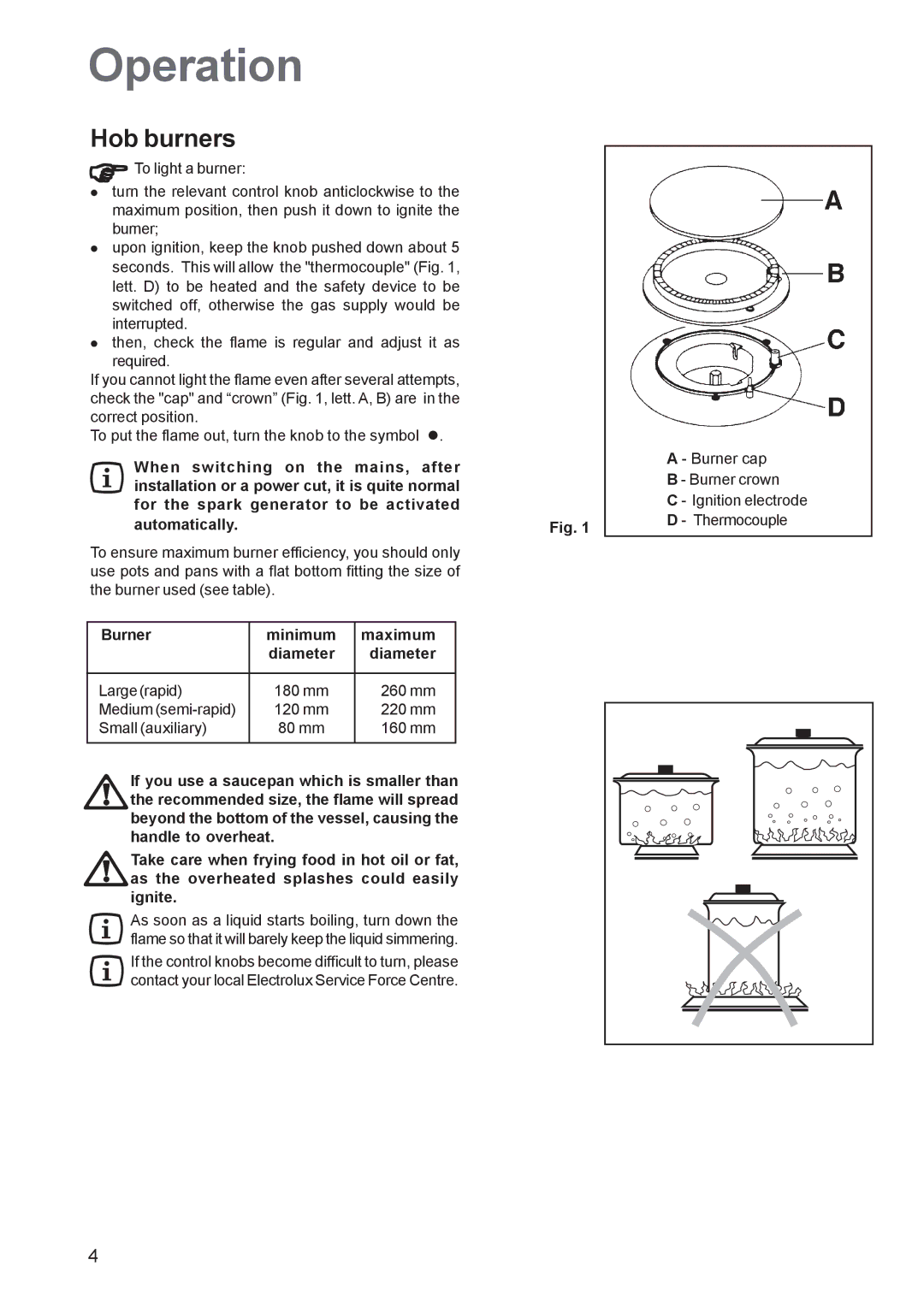 Electrolux EHG 6762 manual Operation, Hob burners, Burner Minimum Maximum Diameter 