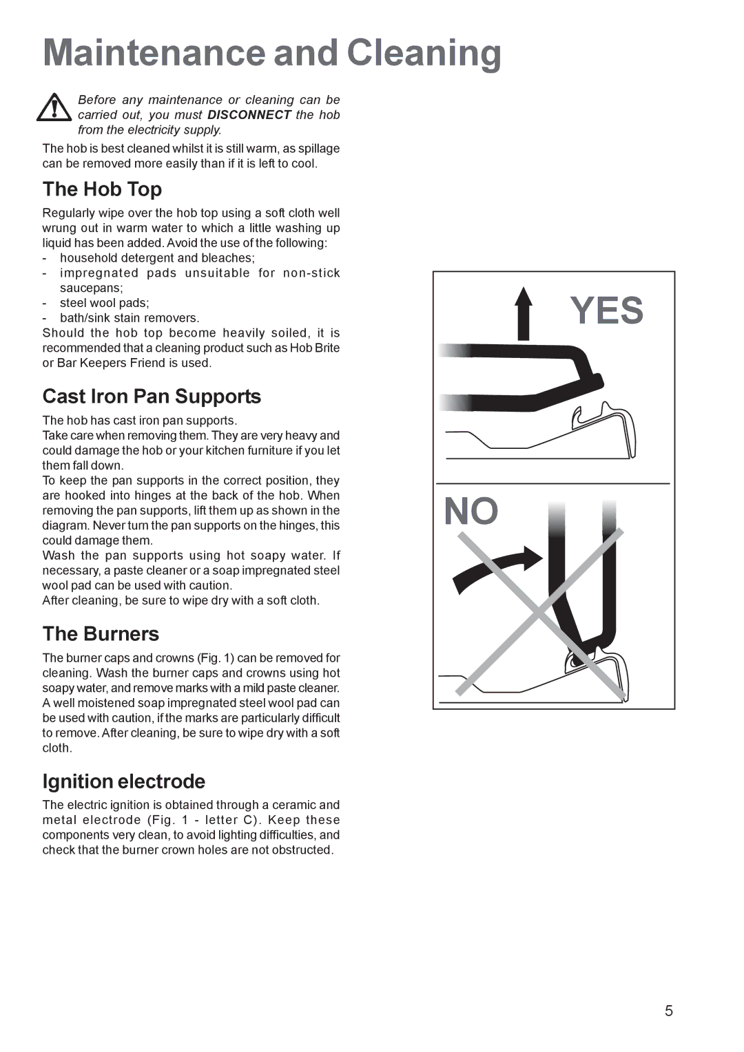 Electrolux EHG 6762 manual Maintenance and Cleaning, Hob Top, Cast Iron Pan Supports, Burners, Ignition electrode 