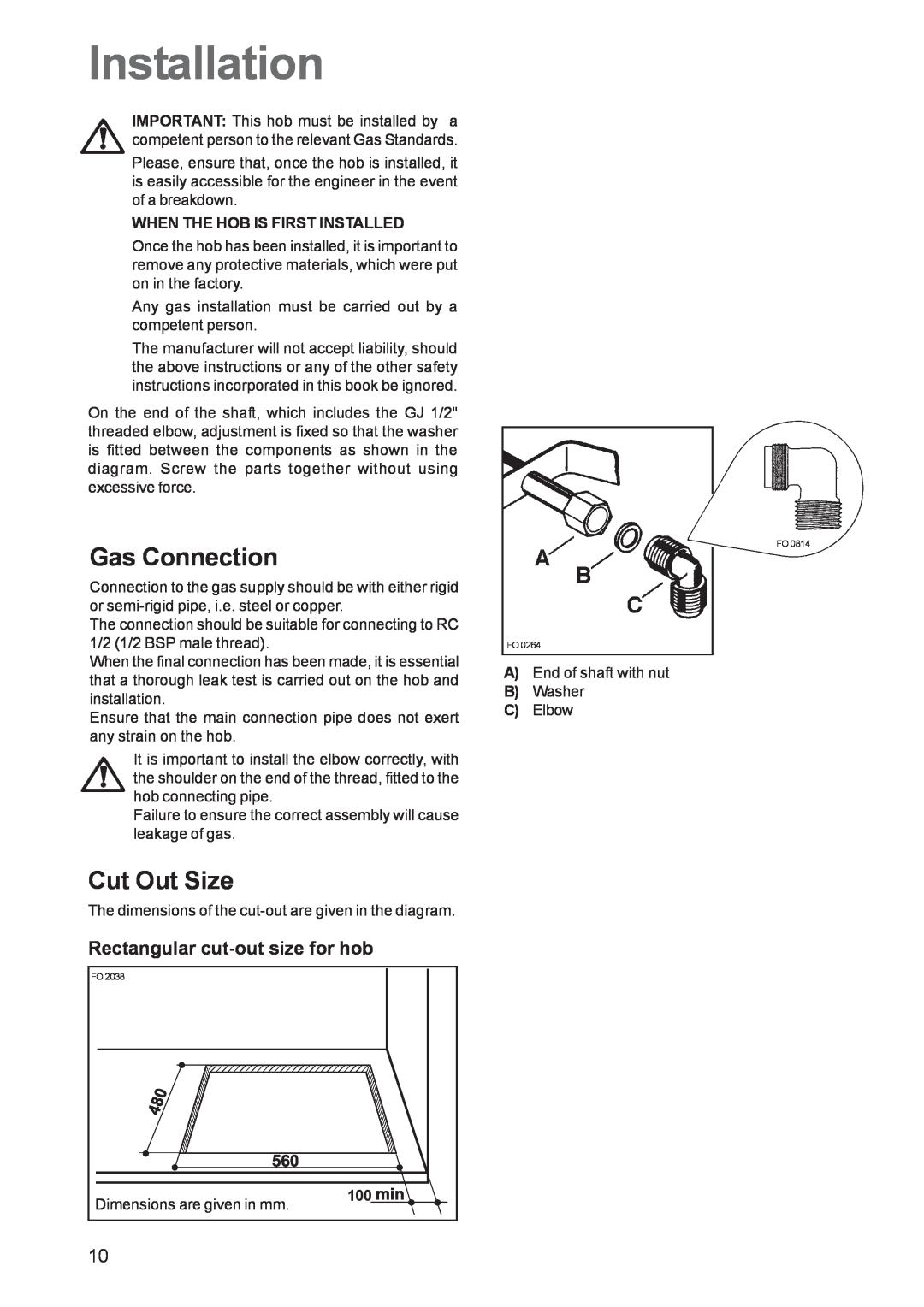 Electrolux EHG 6762 manual Installation, Gas Connection, Cut Out Size, Rectangular cut-out size for hob 