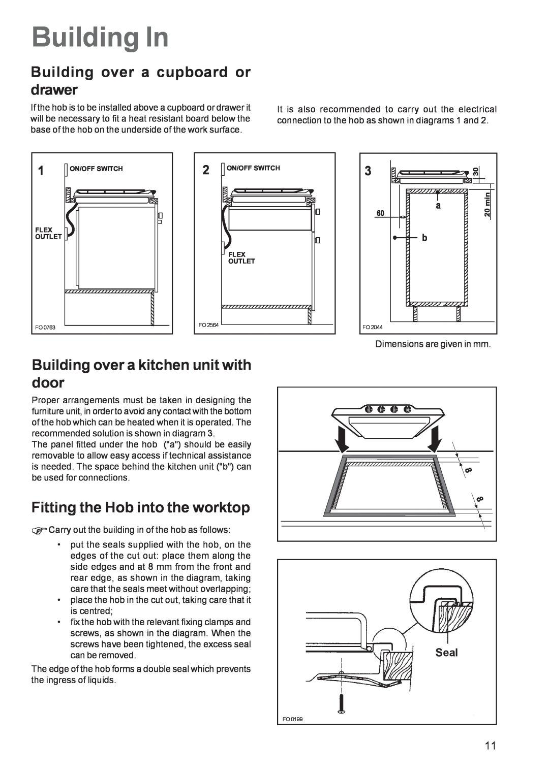 Electrolux EHG 6762 manual Building In, Building over a cupboard or drawer, Building over a kitchen unit with door, Seal 