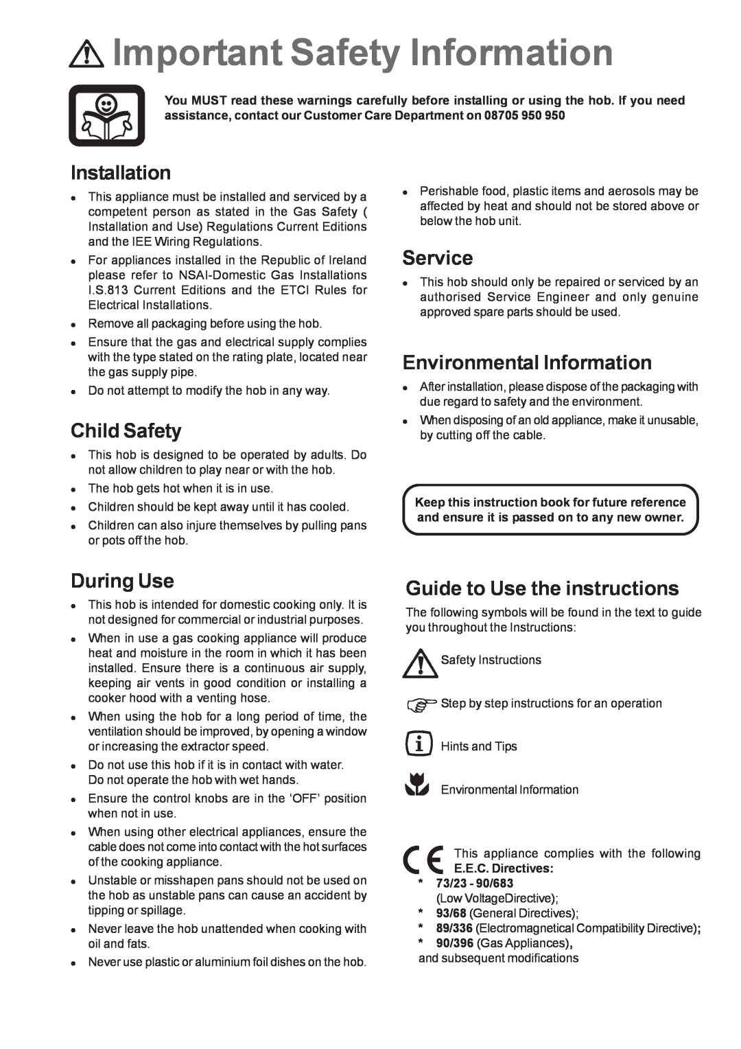 Electrolux EHG 6762 manual Important Safety Information, Installation, Child Safety, Service, Environmental Information 