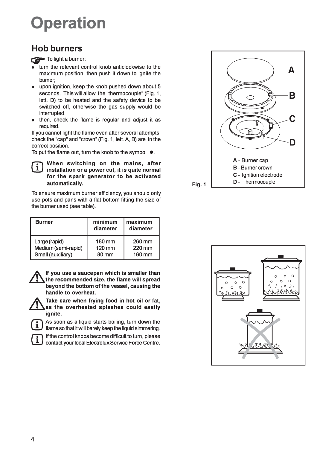 Electrolux EHG 6762 manual Operation, Hob burners 