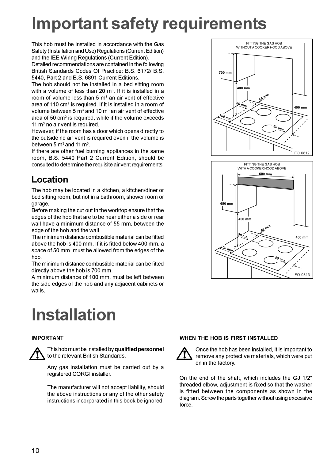 Electrolux EHG 680 manual Important safety requirements, Installation, Location, When the HOB is First Installed 