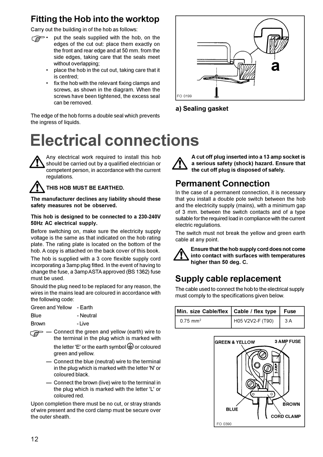 Electrolux EHG 680 manual Electrical connections, Fitting the Hob into the worktop, Permanent Connection 